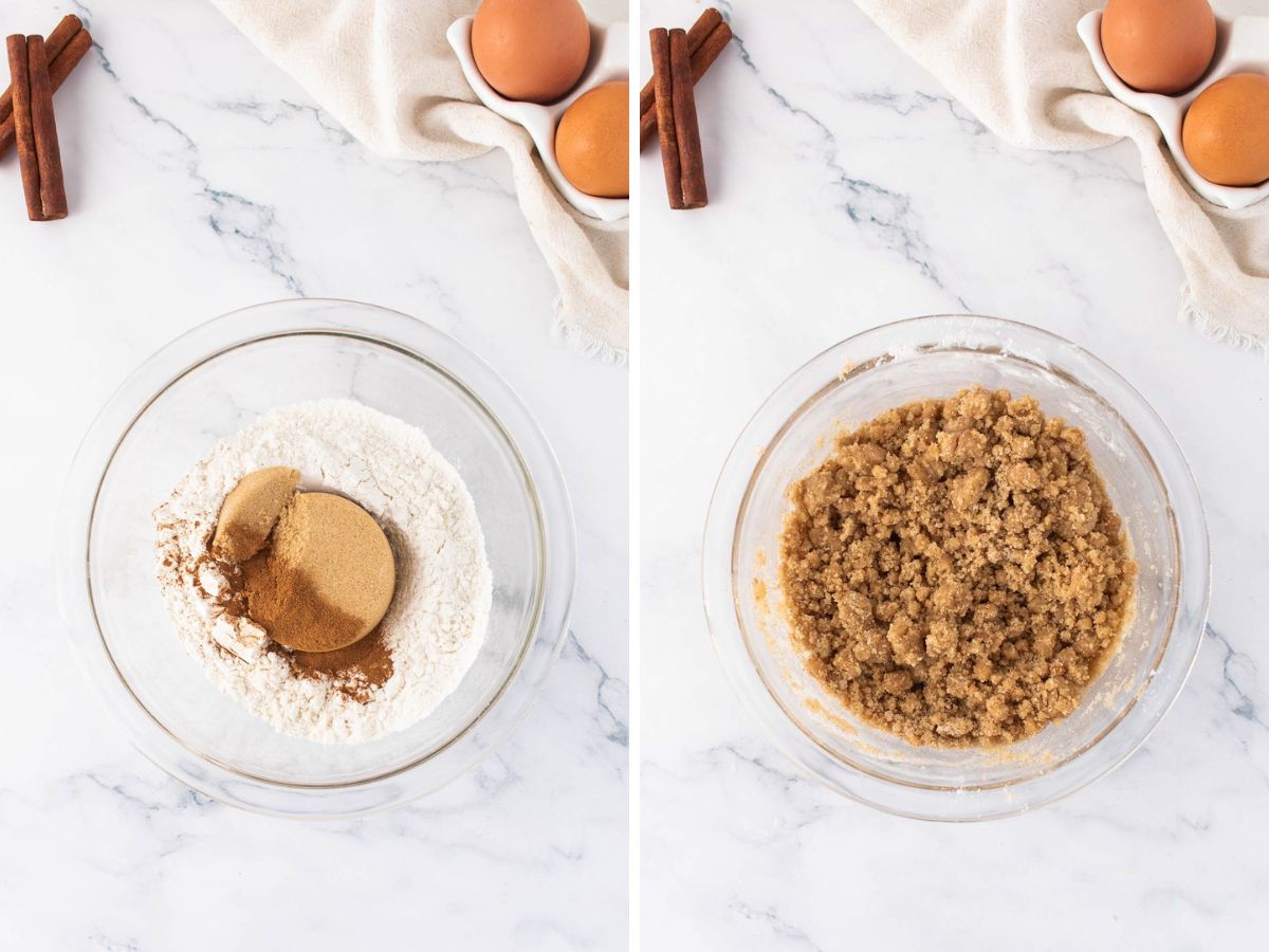 Side by side photos of making the streusel topping.