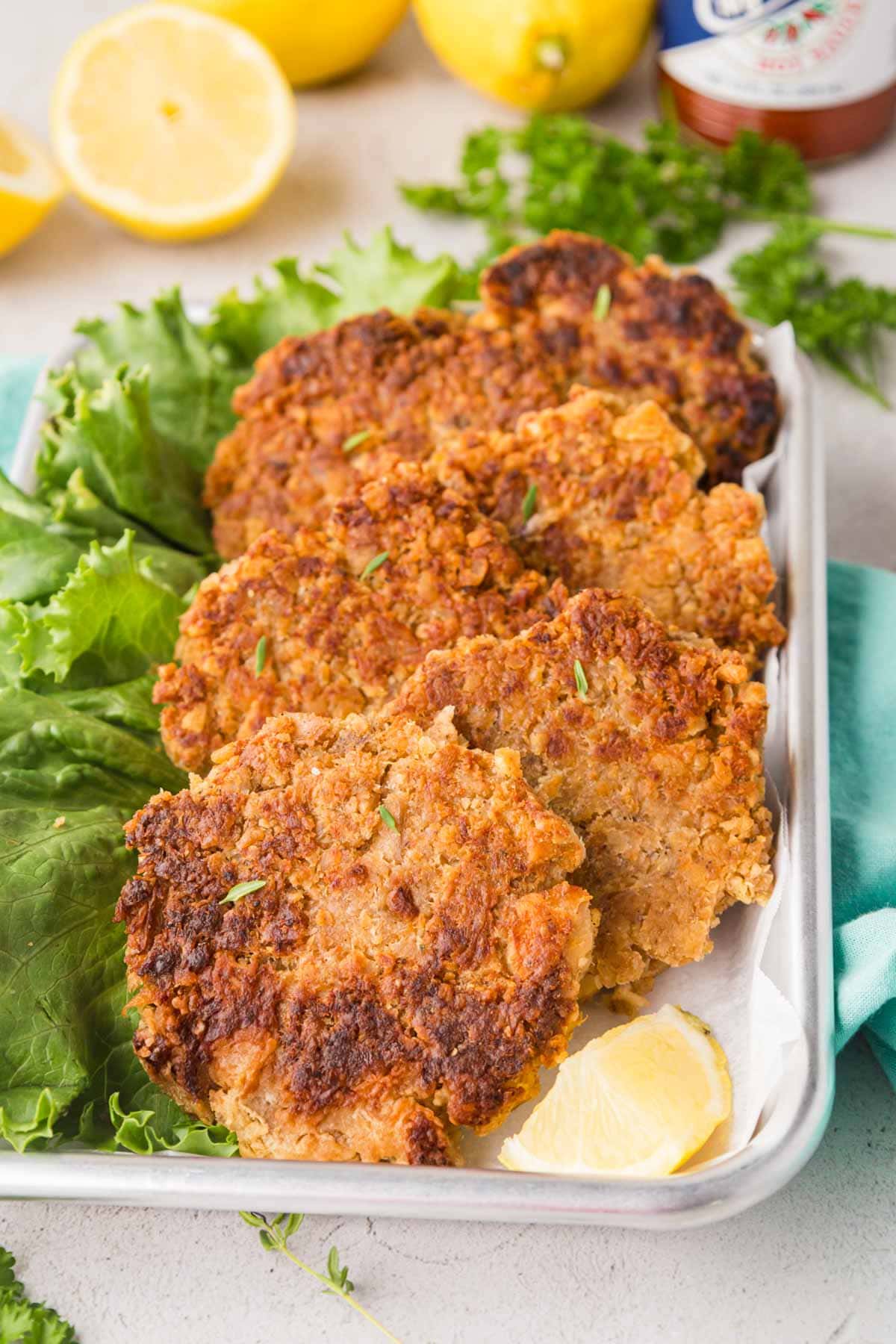 Salmon Patties on a seafood tray.