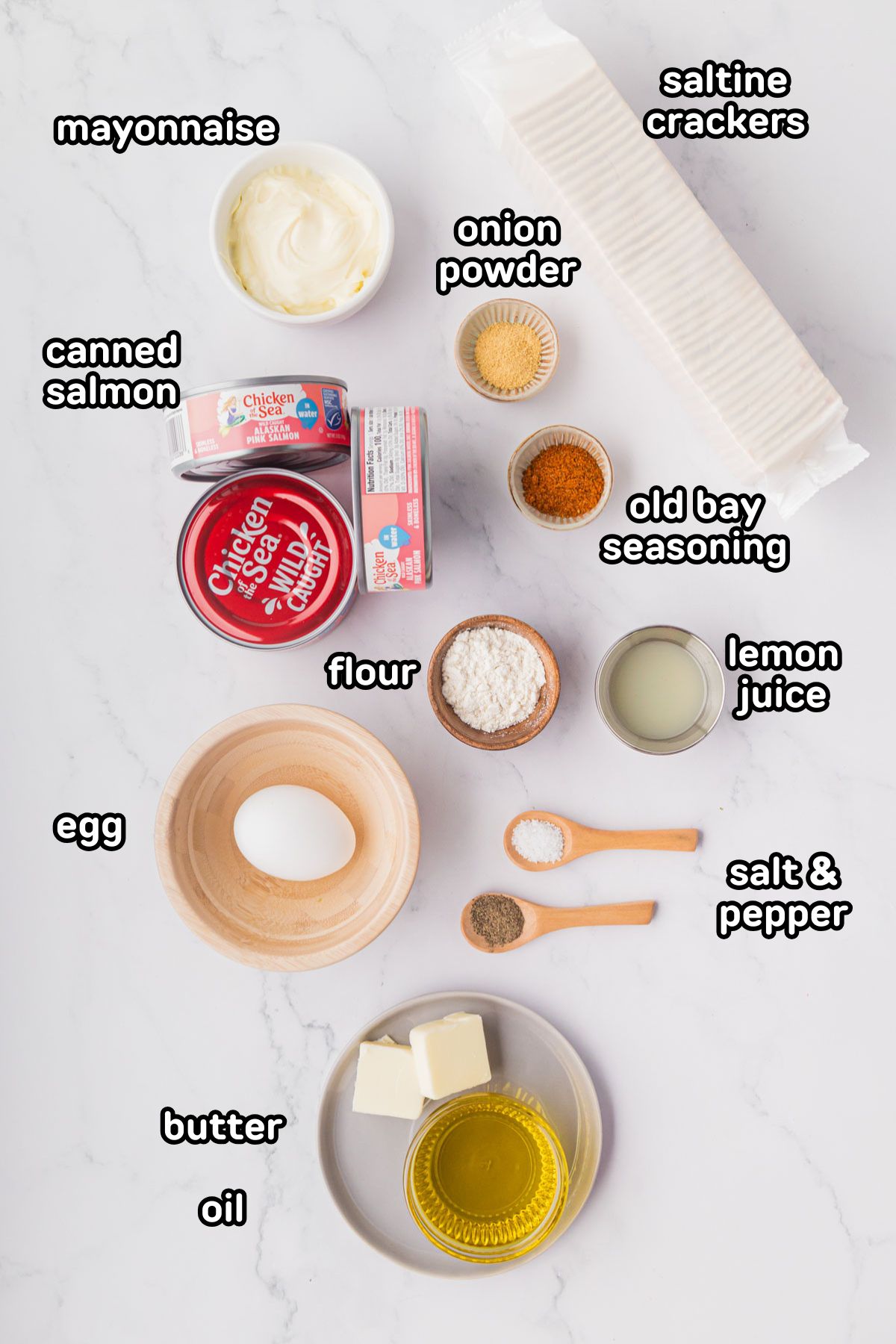 Labeled ingredients needed to make salmon cakes.