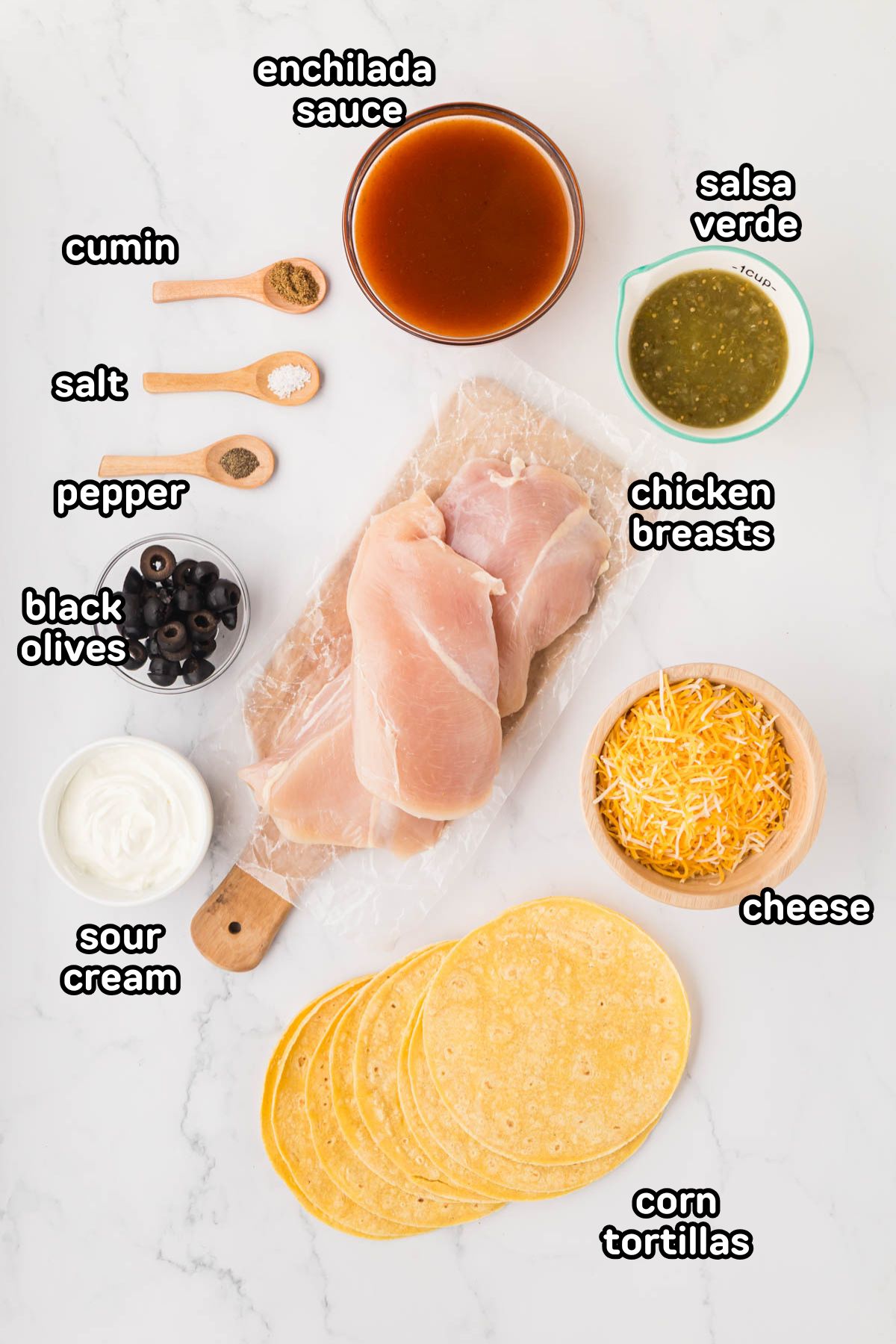 A labeled image of ingredients needed to make crockpot enchilada casserole.