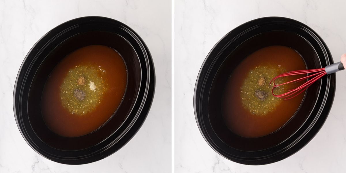 Enchilada sauce and spices added to the slow cooker.