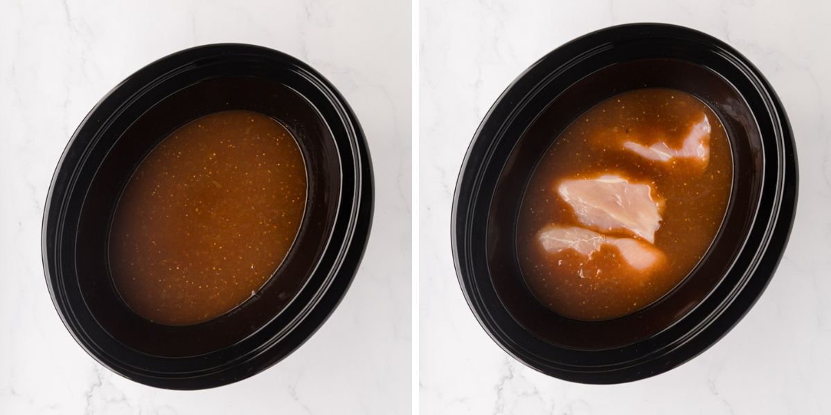Adding chicken breasts to the slow cooker.