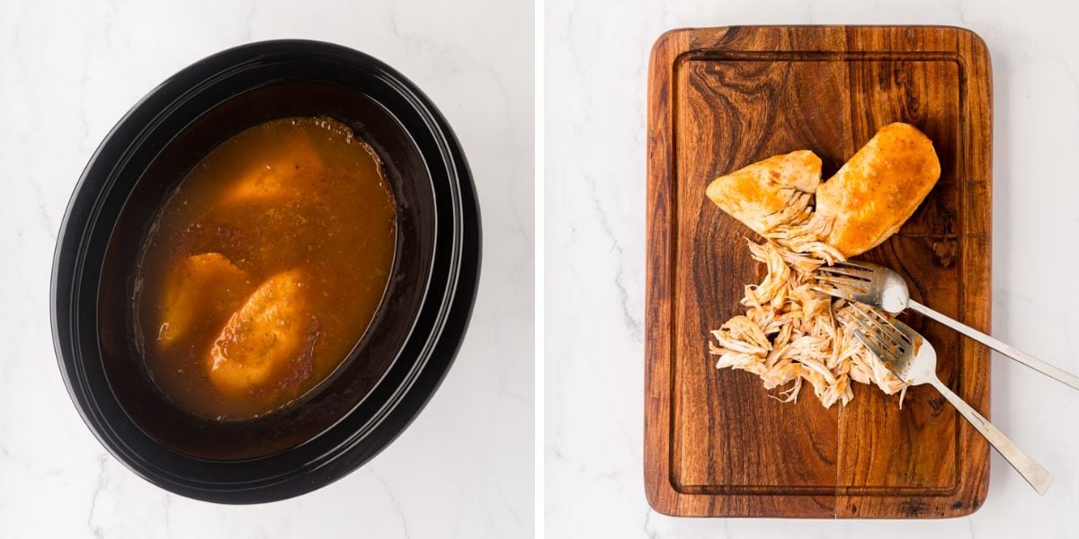 Crock Pot Enchilada chicken moved to board and shredded.