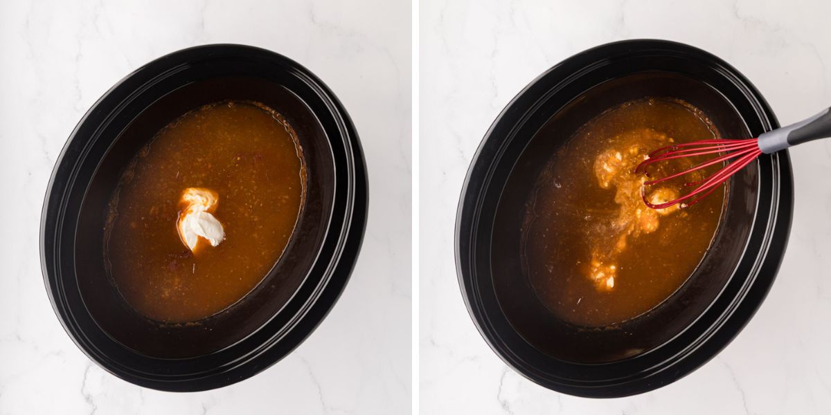 Sour cream whisked into enchilada sauce in the slow cooker.