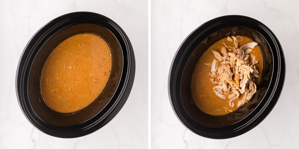 Shredded chicken added to the slow cooker sauce.
