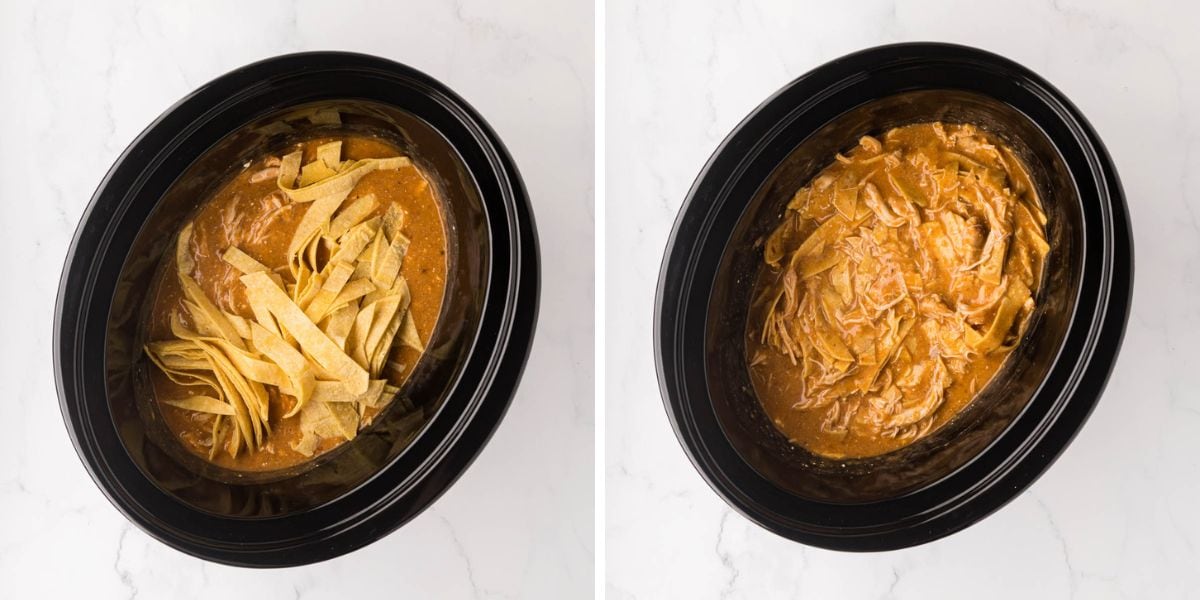 Adding cut tortillas to chicken enchilada sauce.