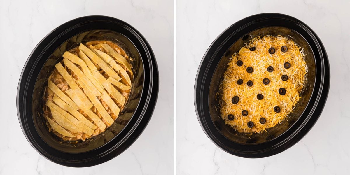 Top layer of tortillas, cheese, and black olives.