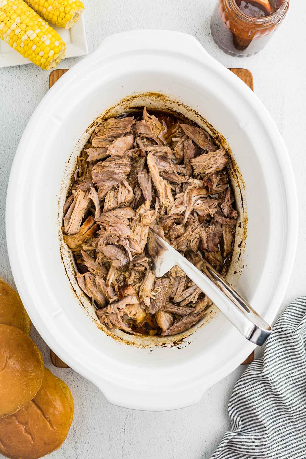 Crockpot, full of shredded pork.