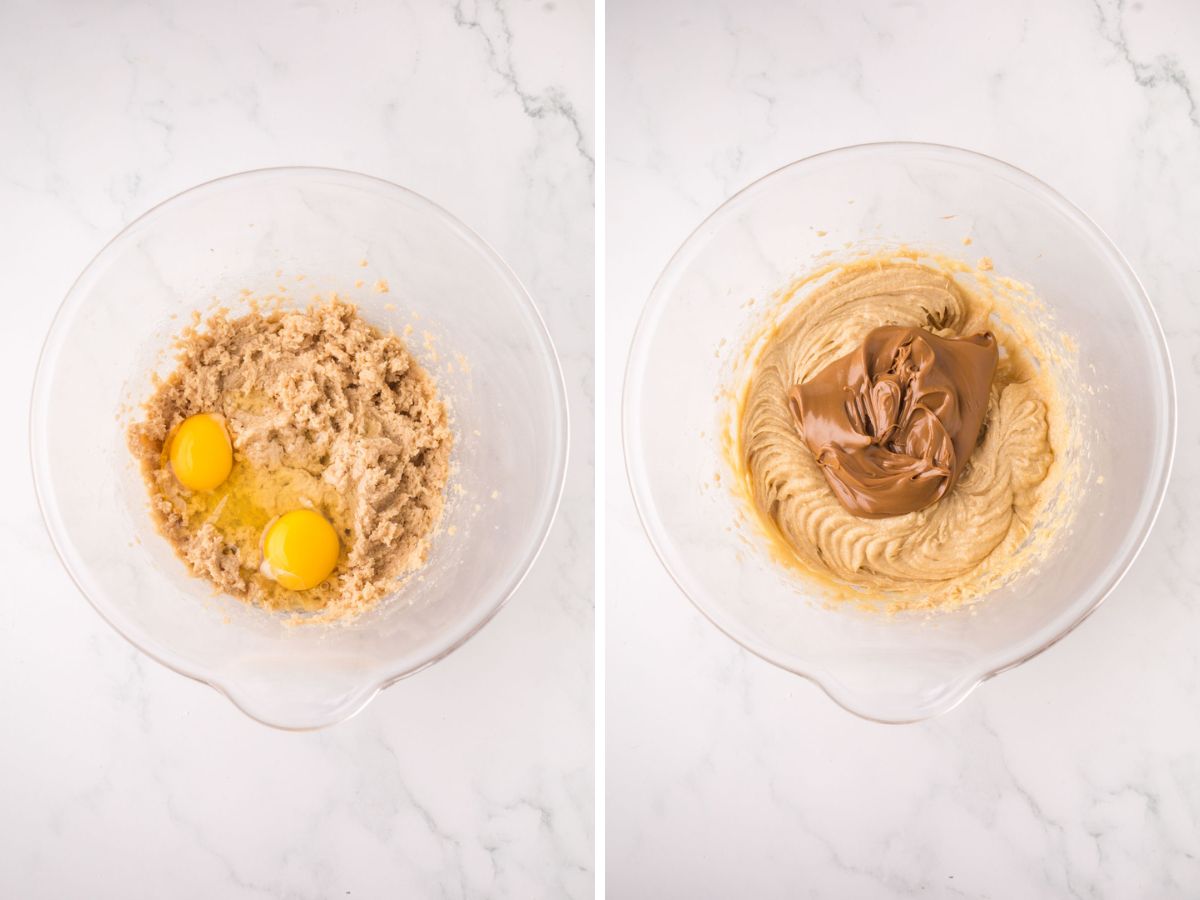 Side by side photos of adding the eggs to the creamed butter and sugar and adding the cookie butter.
