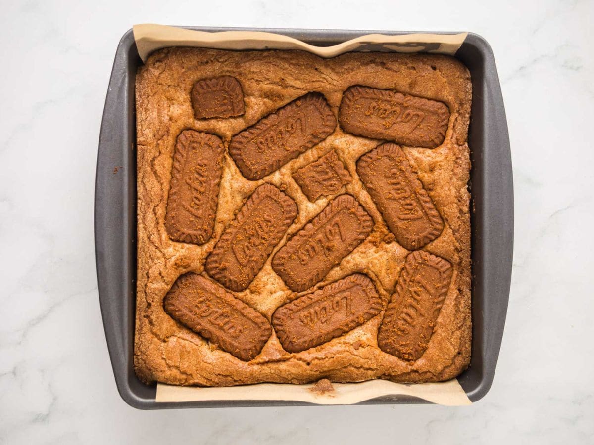 Biscoff blondies in a baking dish after baking.
