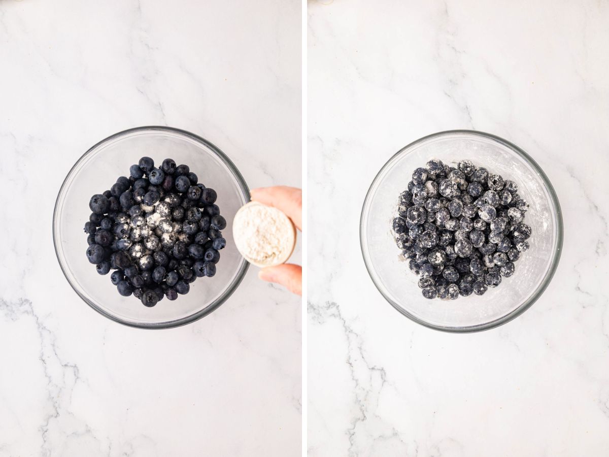 Tossing blueberries with flour.