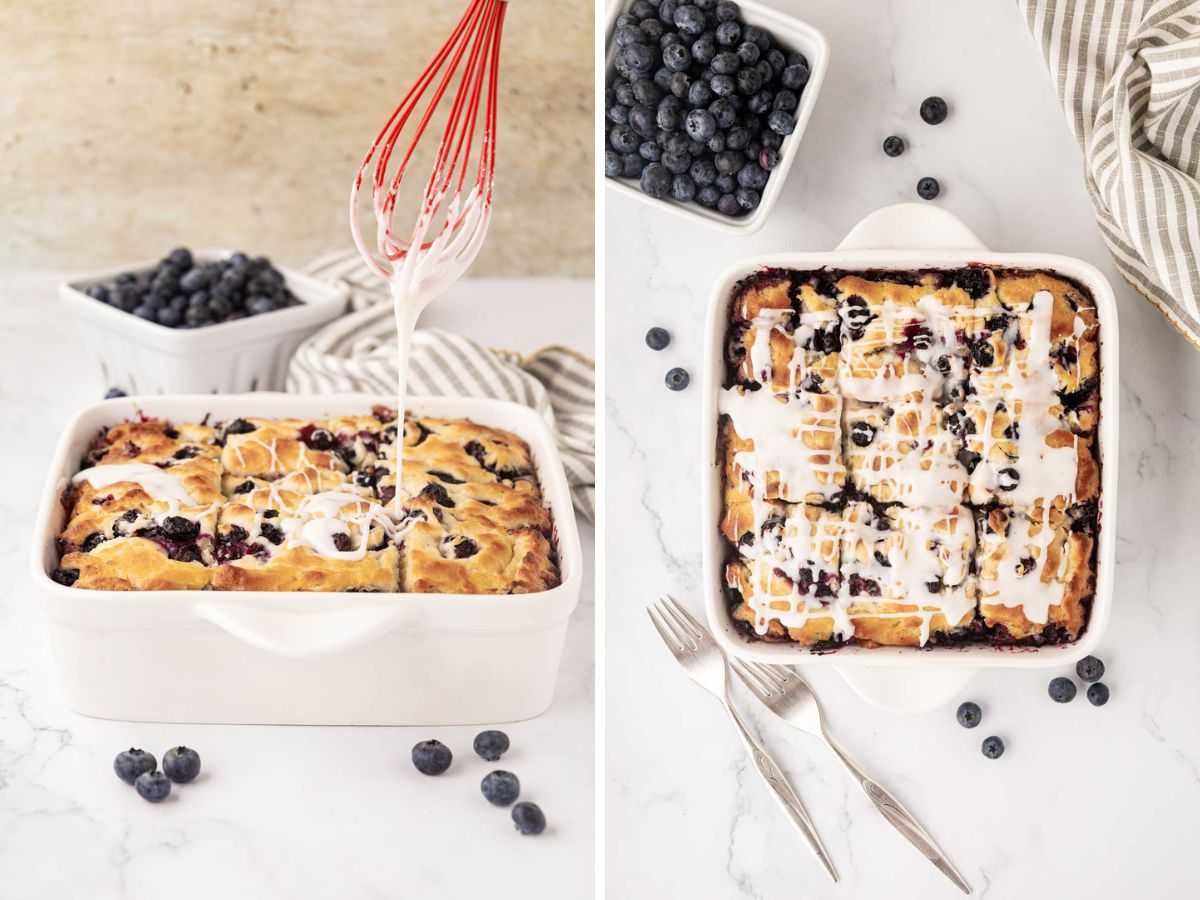 Blueberry butter, swim biscuits, being drizzled with a glaze.