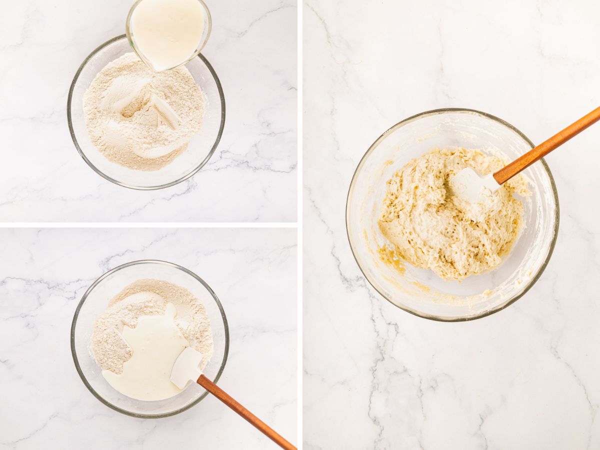 A collage image of making batter in a bowl.