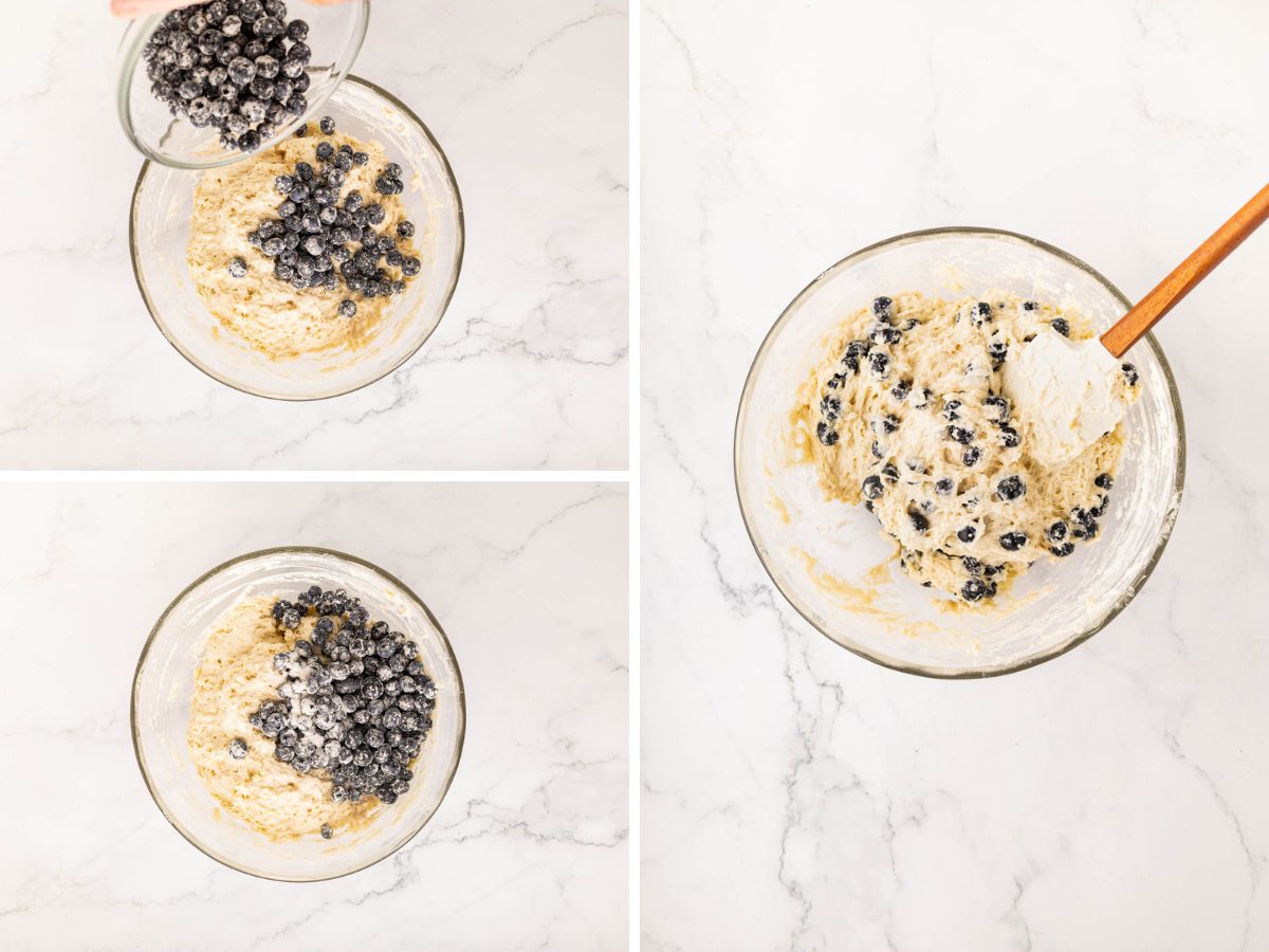 A collage image of adding blueberries to the bowl and stirring into batter.