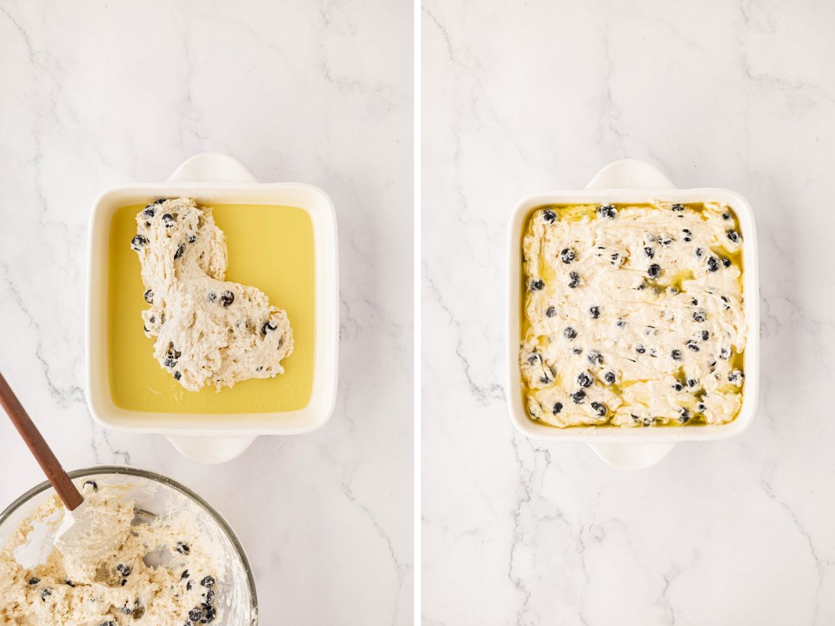 Pouring batter into pan and smoothing it out evenly.