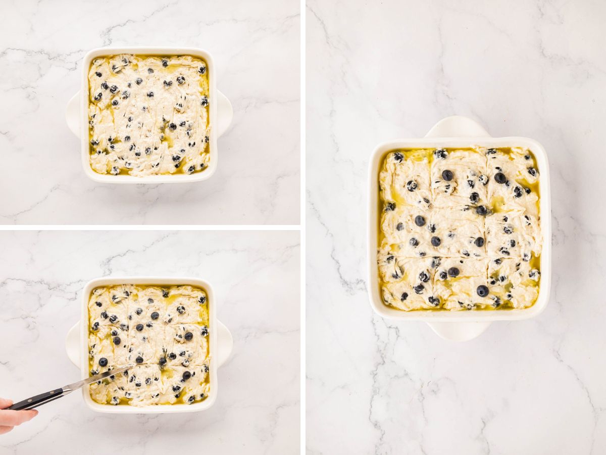 A collage image of batter in the pan and being scored with a knife into a 3 x 3 pattern.