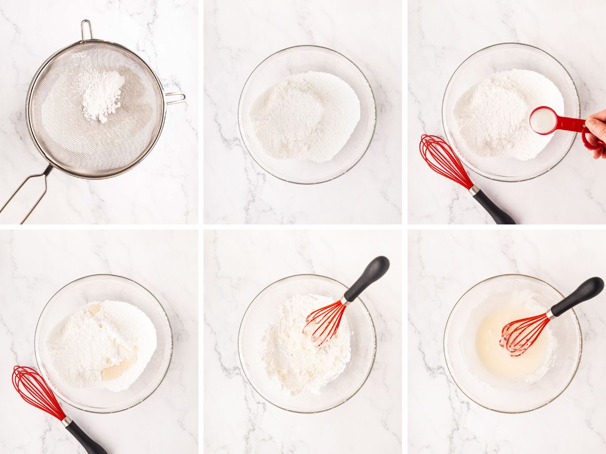 A collage image of making a powdered sugar glaze with milk.