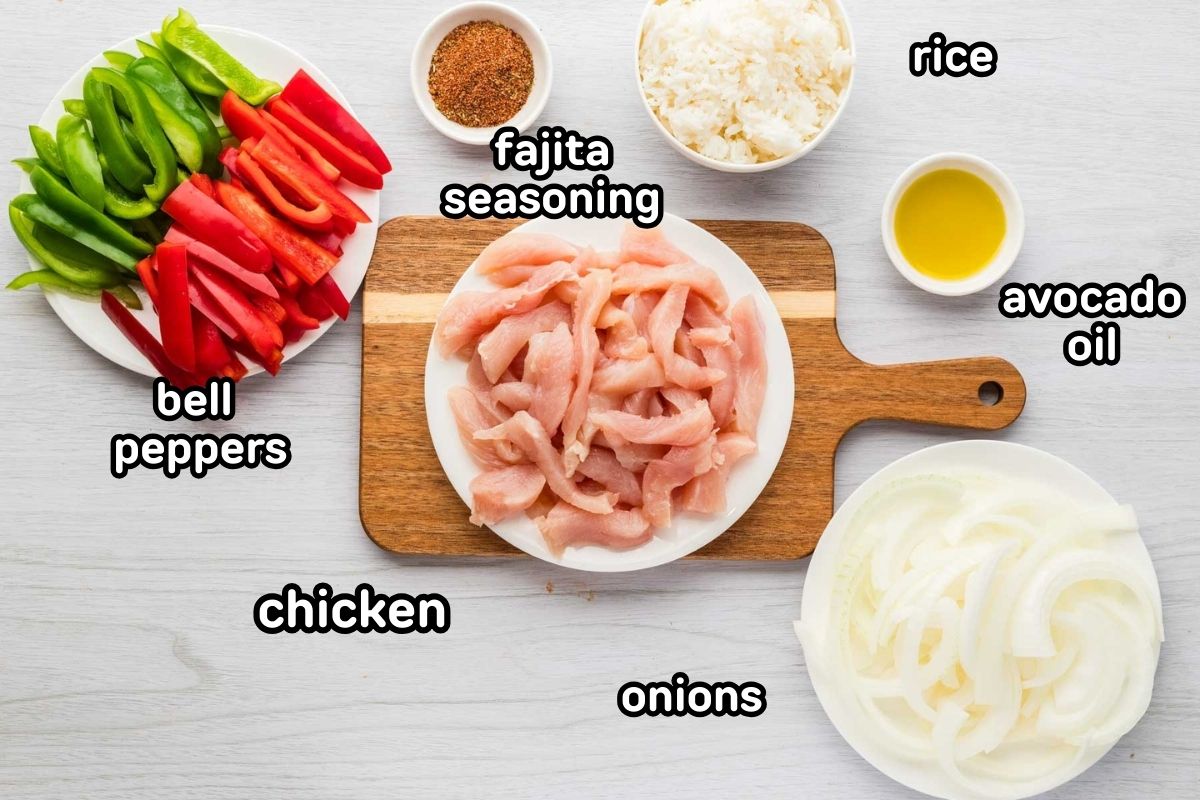Ingredients needed to make chicken fajita bowls.