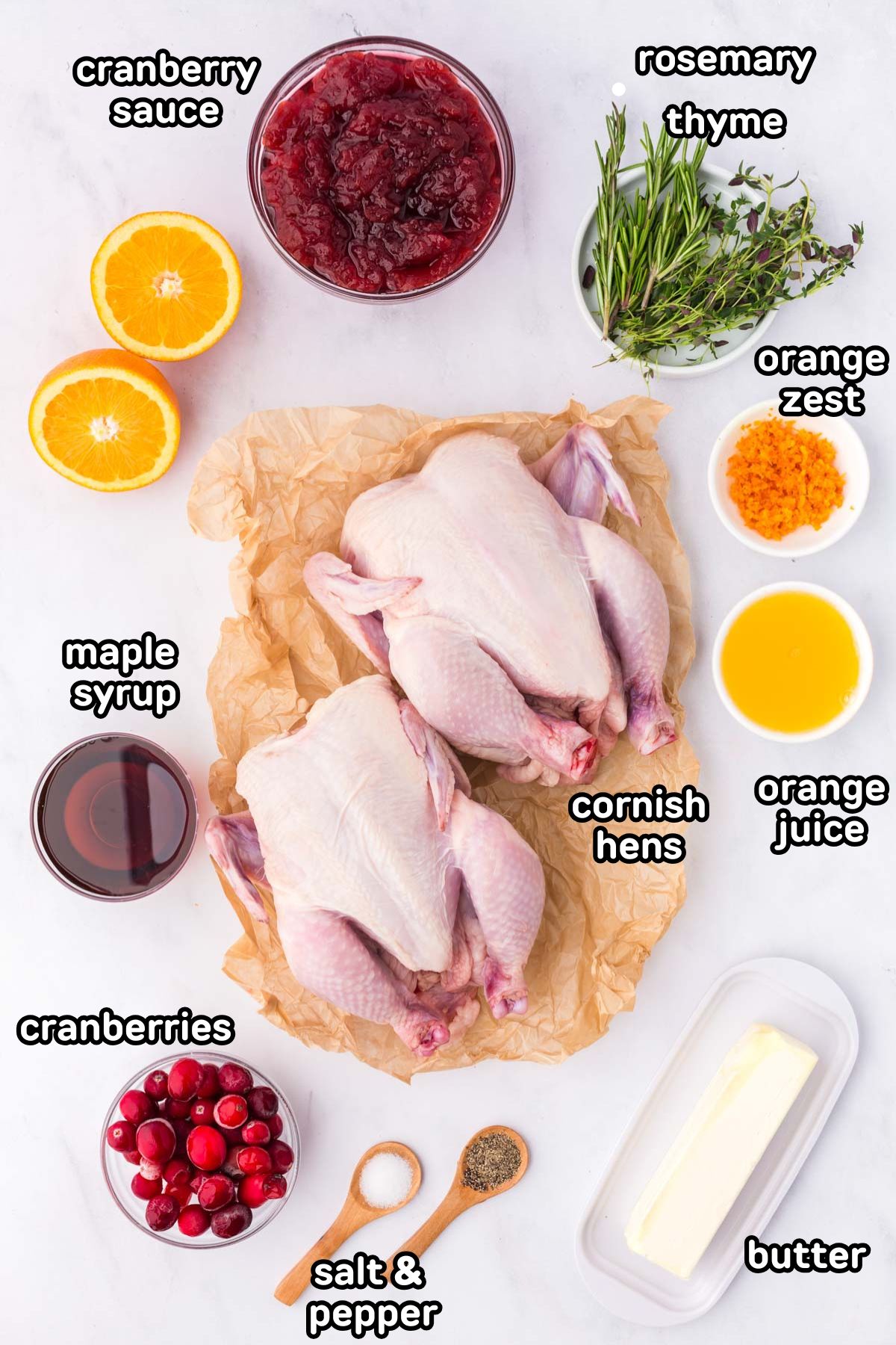 Ingredients needed to make cranberry orange glazed cornish hens.