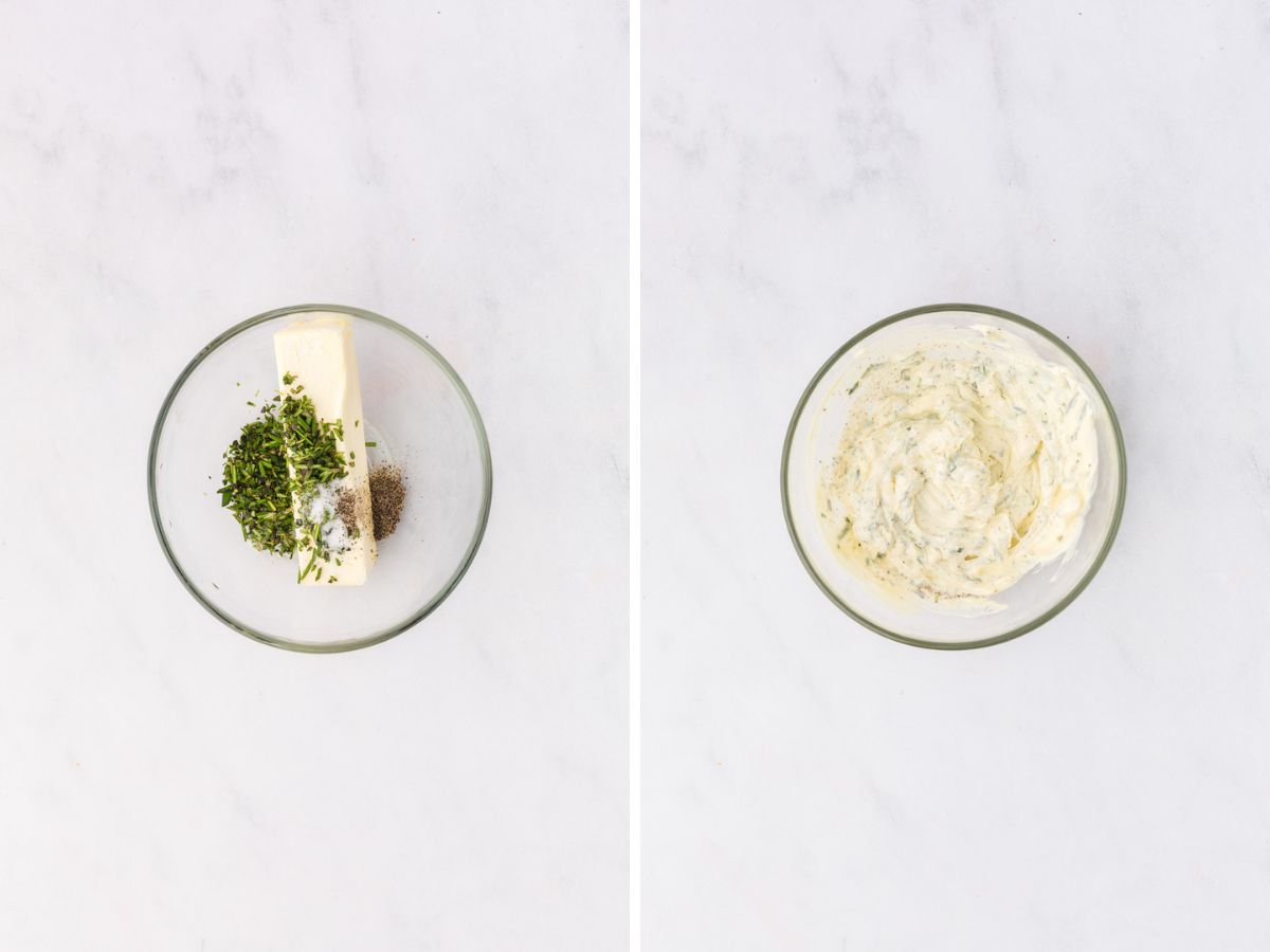 Side by side photos of mixing butter with herbs.