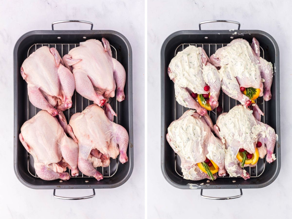 Side by side photos of prepping the Cornish hens with the butter and stuffing with aromatics.