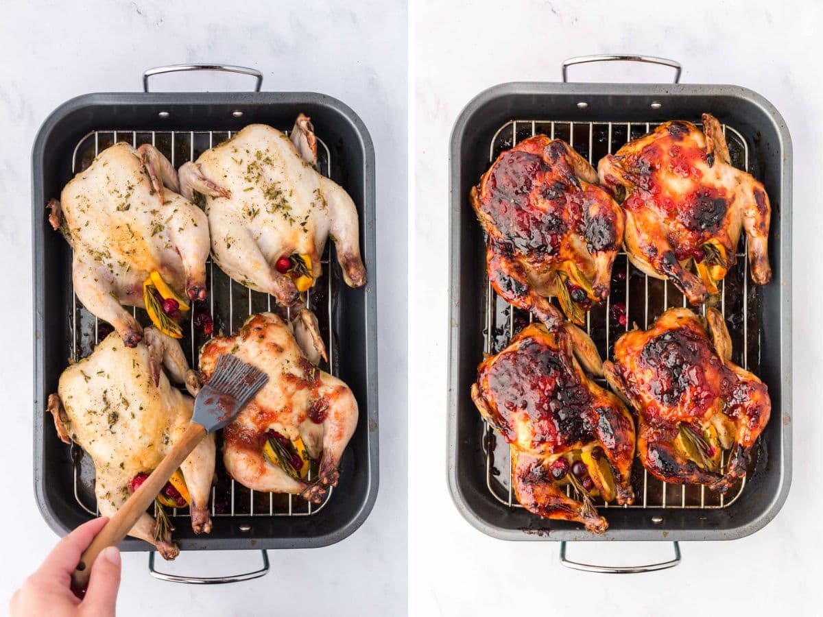 Side by side photos of glazing the Cornish hens and baking again.