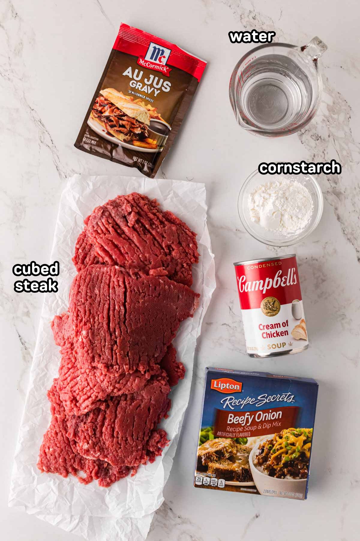 A labeled image of ingredients needed to make cube steak and gravy in the crockpot.