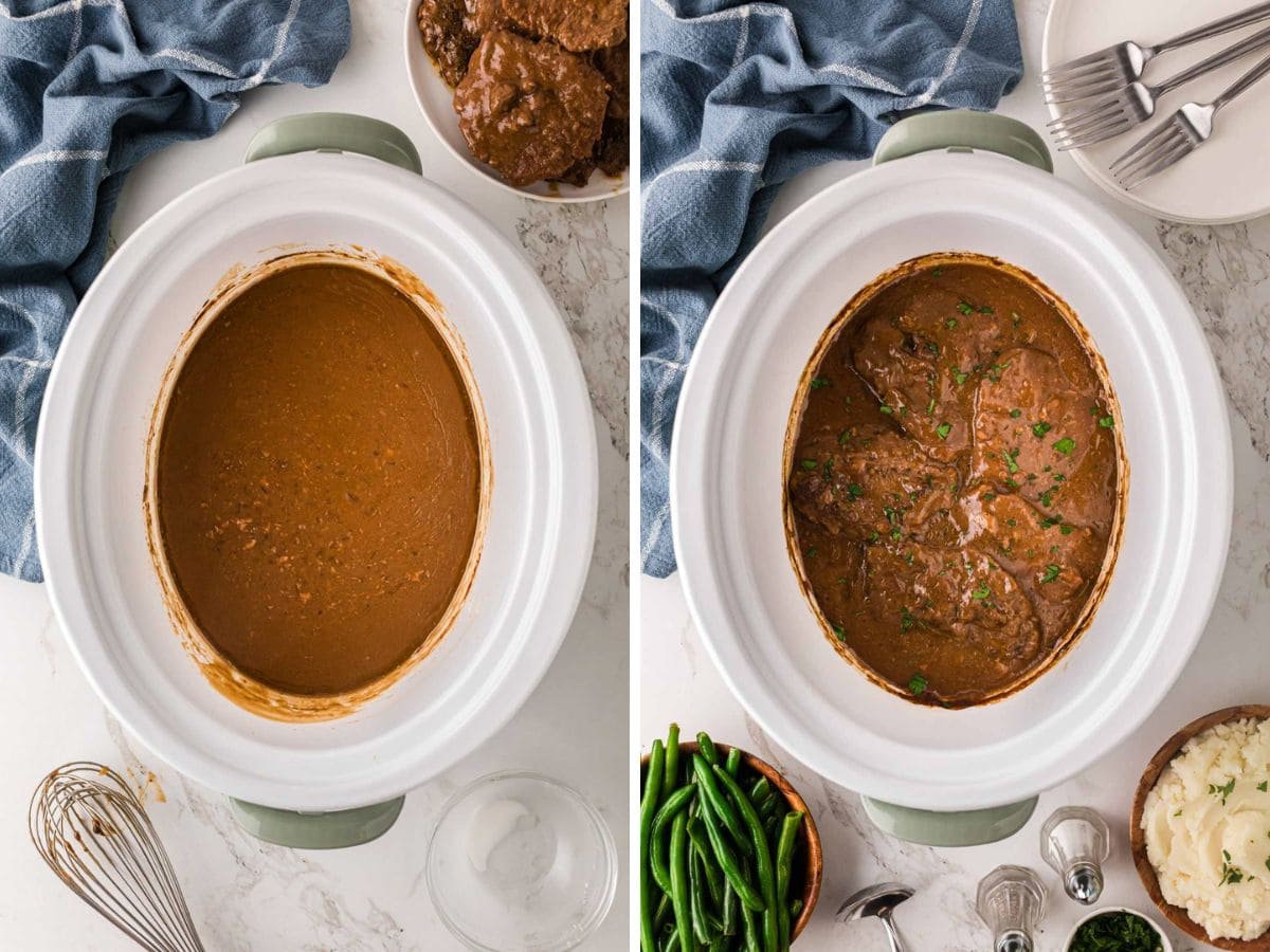 Cubed steaks covered in the country gravy in a crockpot.