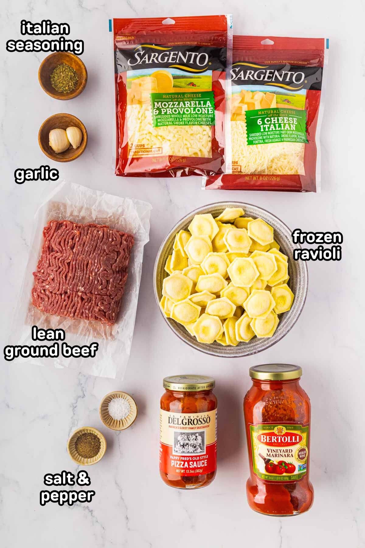 Labeled image of ingredients needed to make crock pot ravioli lasagna.