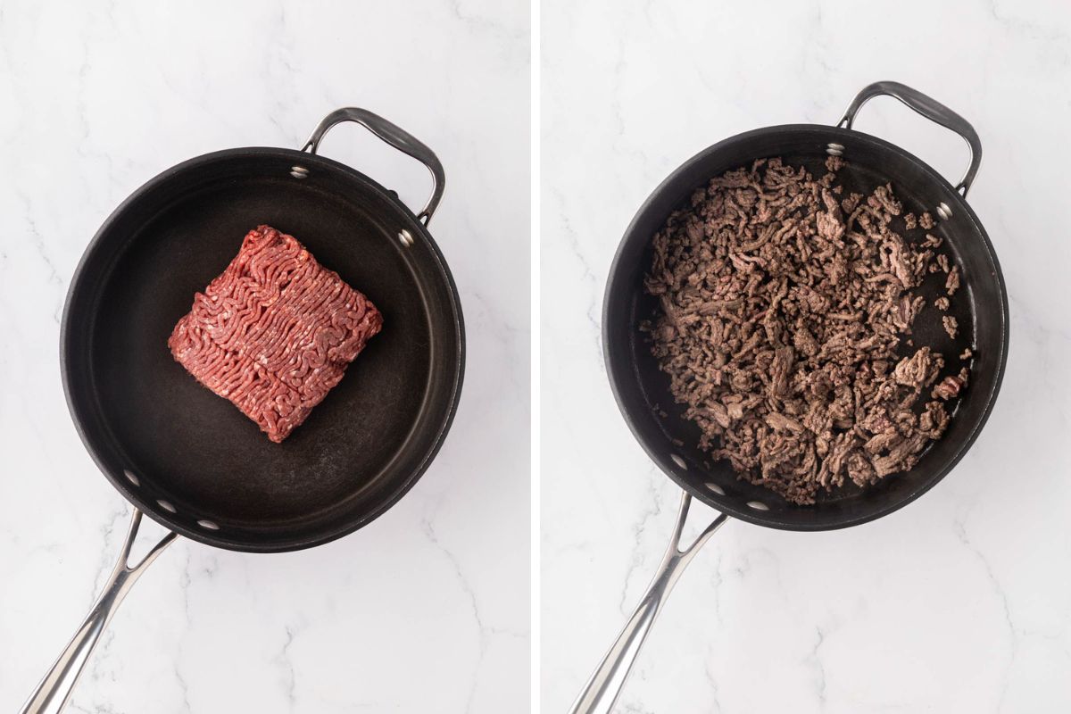 Cooking ground beef in a skillet.