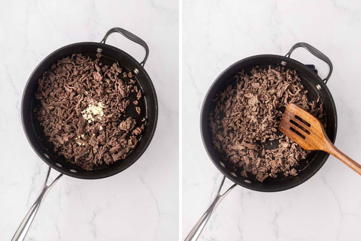 Adding garlic to ground beef and sauté until done in a skillet.
