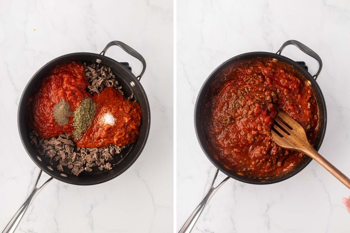 Adding sauces and spices to ground beef and stirring to combine.