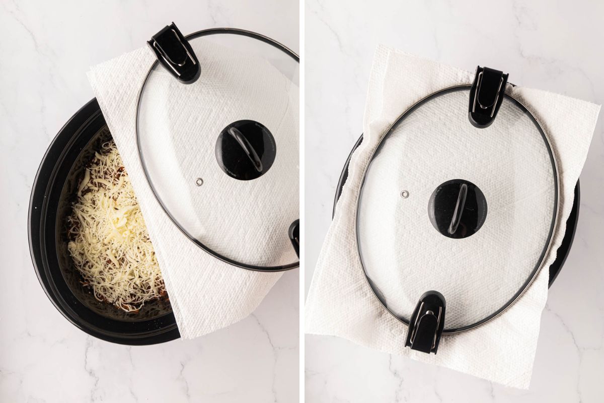 Paper towels placed under the lid of the slow cooker.