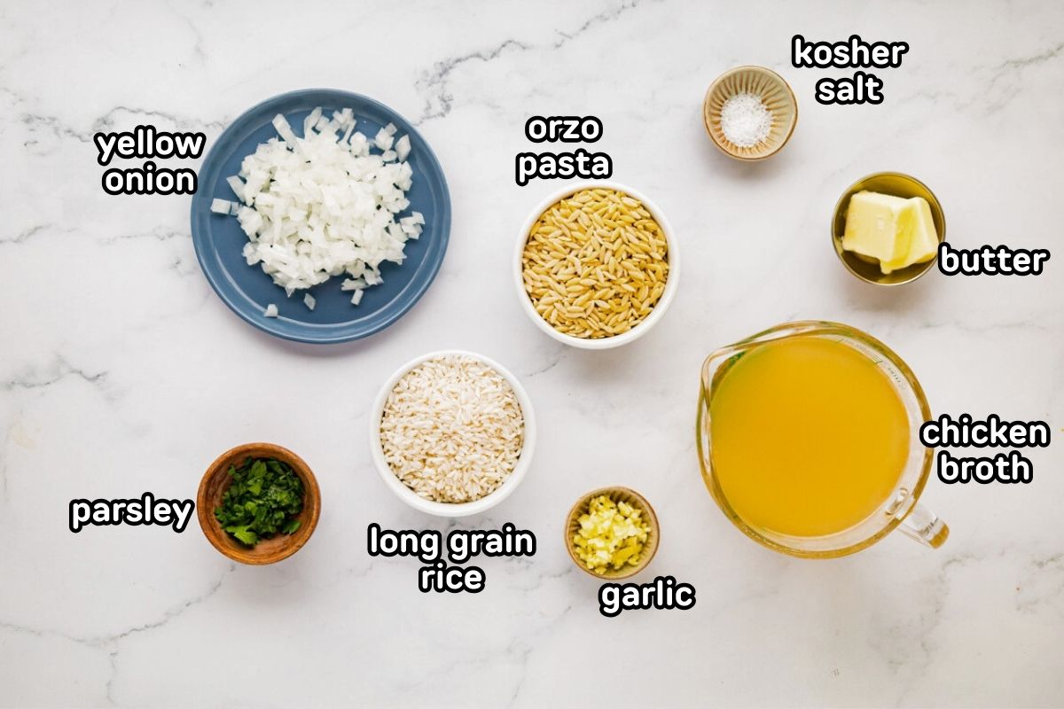 A labeled image of ingredients needed to make easy rice pilaf.
