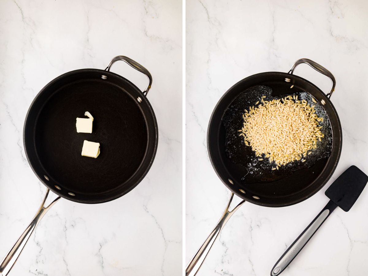 Cooking butter and orzo in a skillet.