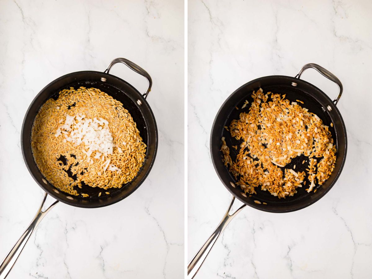 Onion added to the orzo in a skillet.