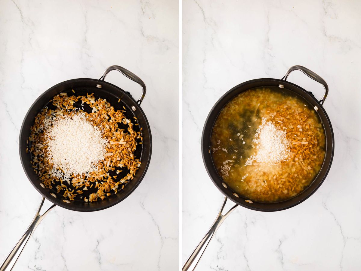 Rice and broth added to the skillet.