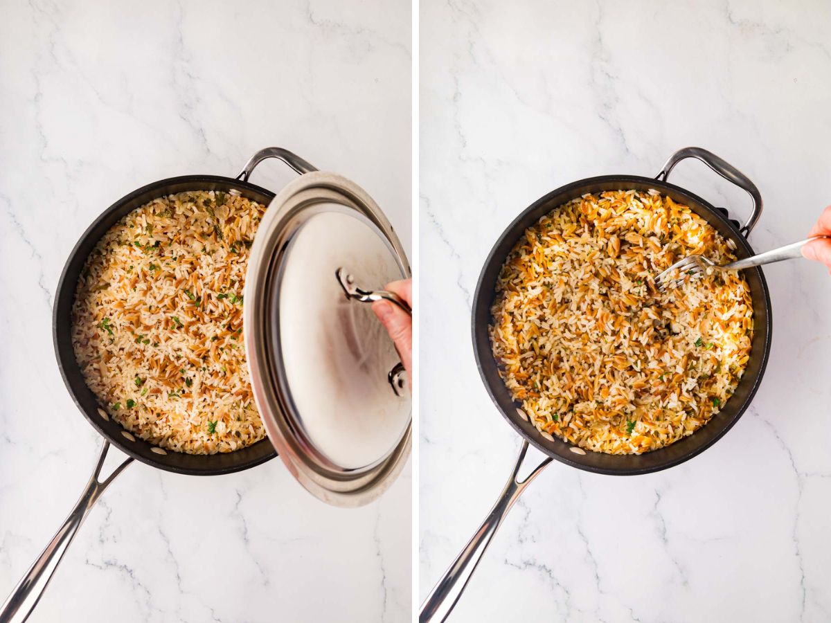 Fluffing rice pilaf in a pan with a fork.