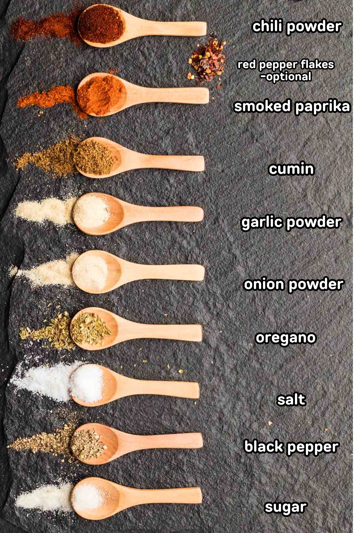 Labeled ingredients needed to make homemade fajita seasoning.