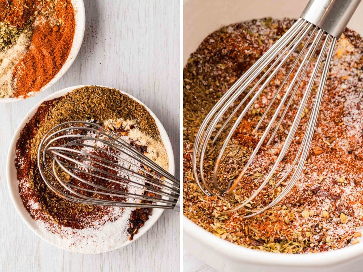 Side by side photos of whisking together the spices to make fajita seasoning.