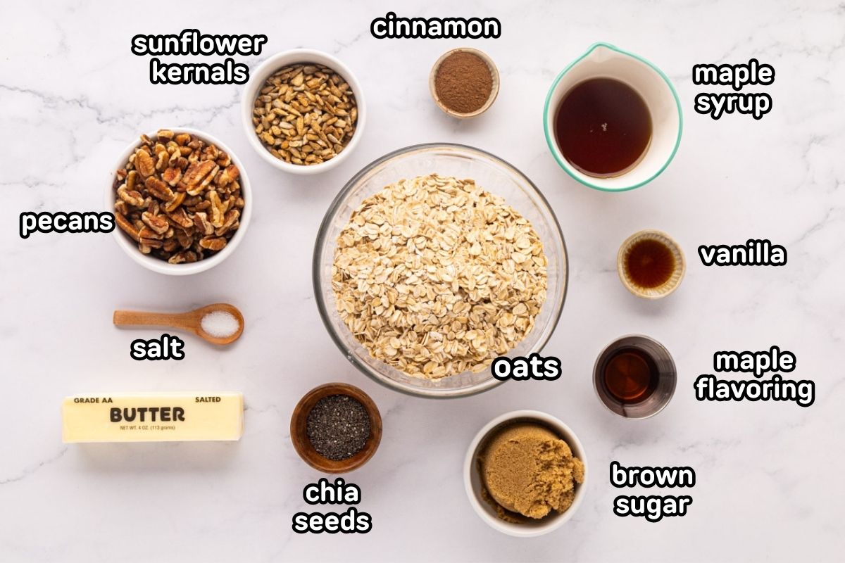 A labeled image of ingredients needed to make maple pecan granola.