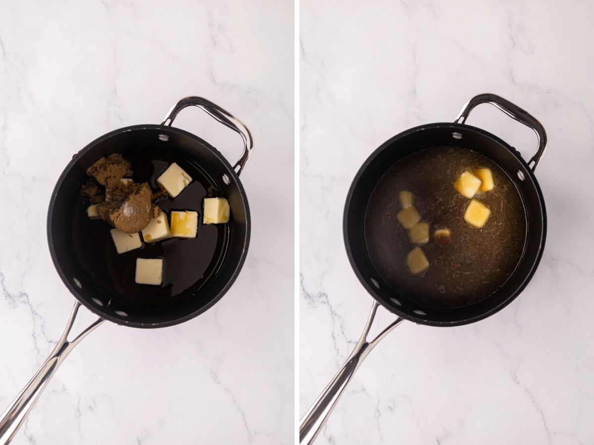 Melting butter, maple syrup and sugar in a saucepan.