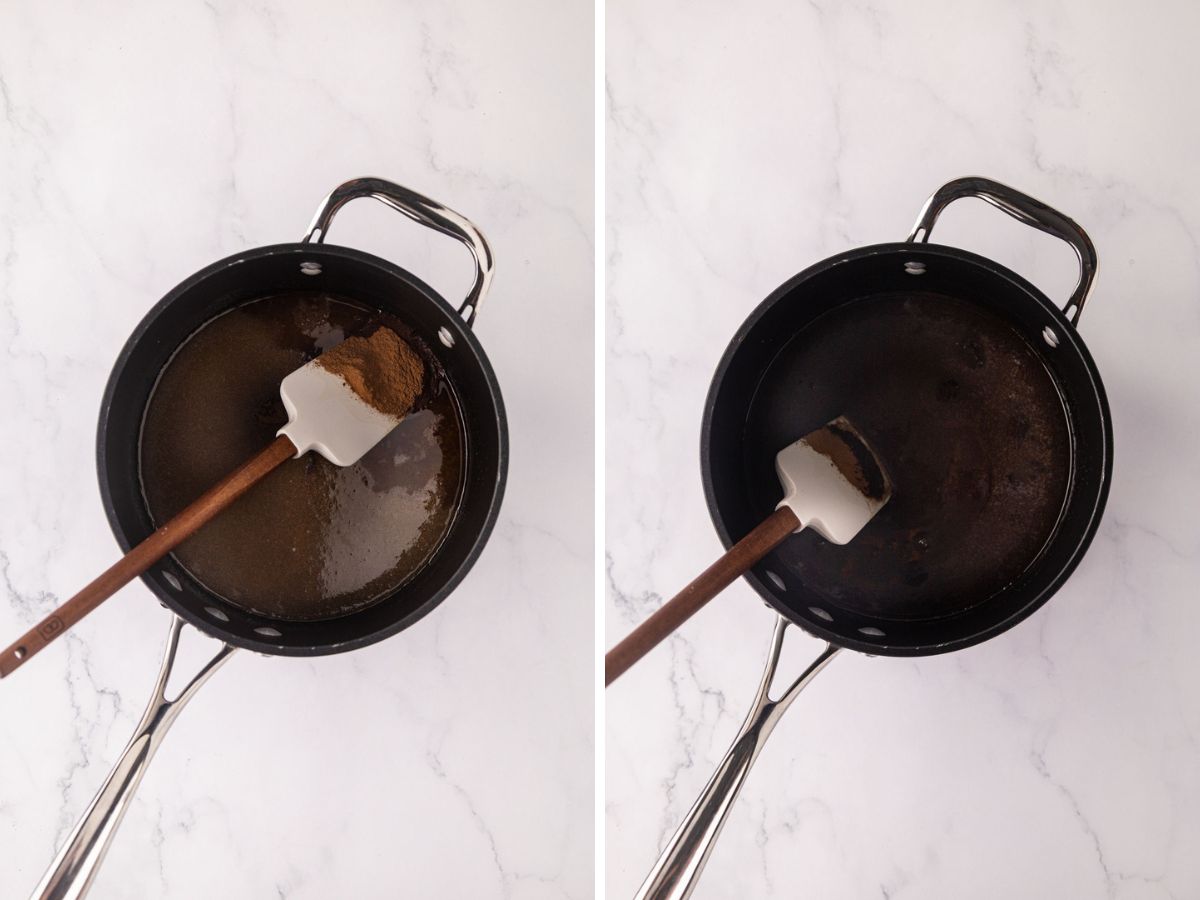 Stirring in cinnamon and extracts into the butter mixture.