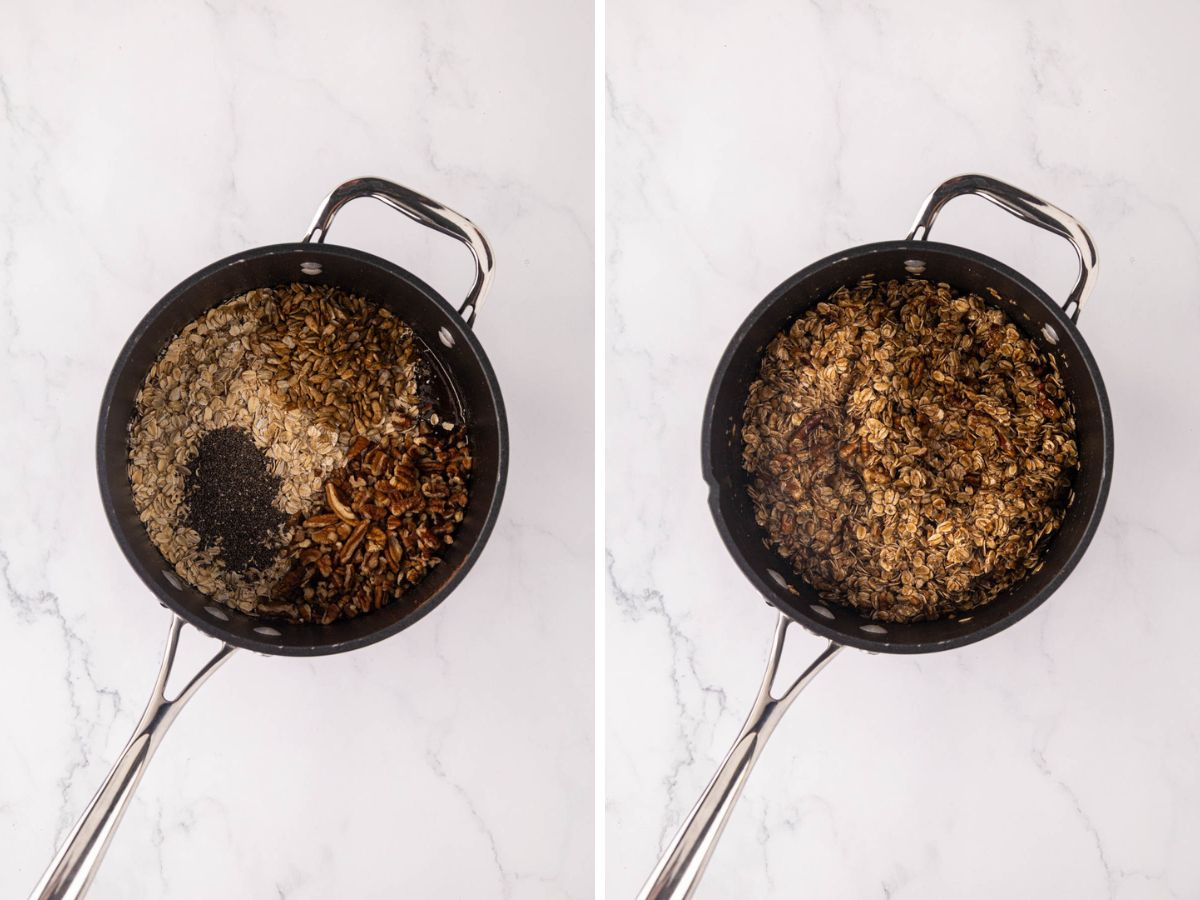 Stirring in oats, nuts, and seeds into the maple butter mixture.