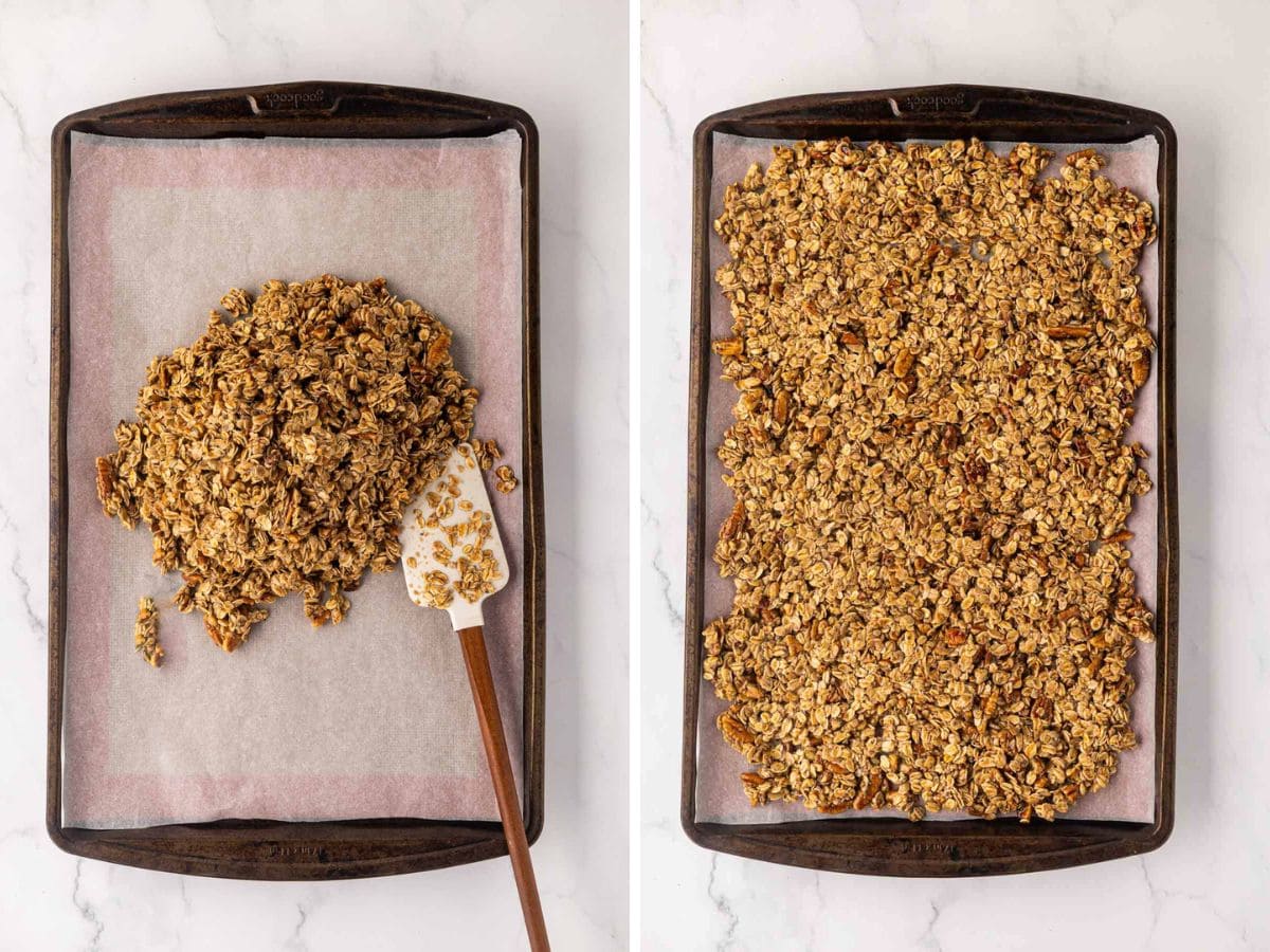 Pouring granola mixture onto the line, baking sheet and spreading it out evenly.