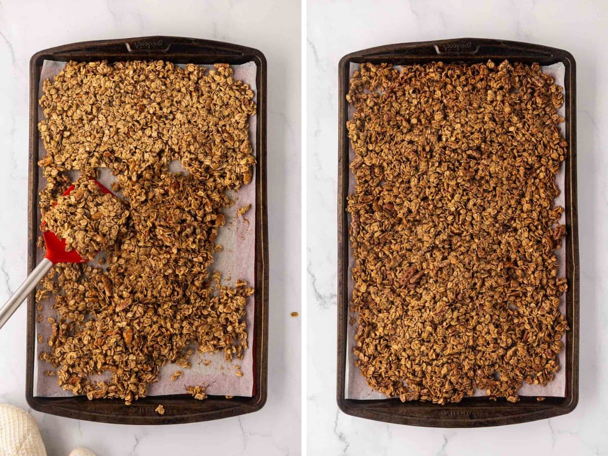 A side-by-side image of the granola after being baked halfway and turning it over once to complete baking.
