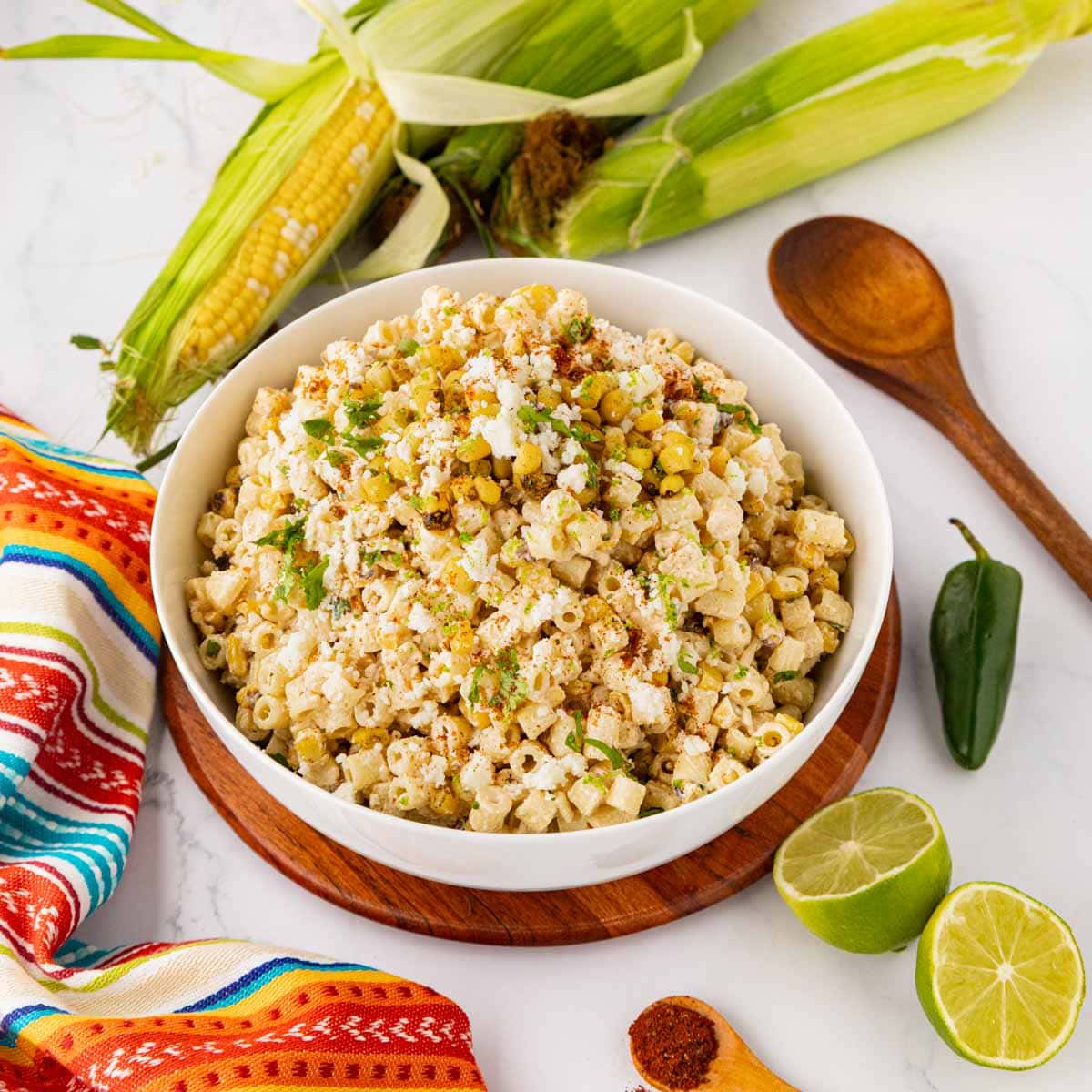 Mexican Street Corn pasta salad in a white bowl.