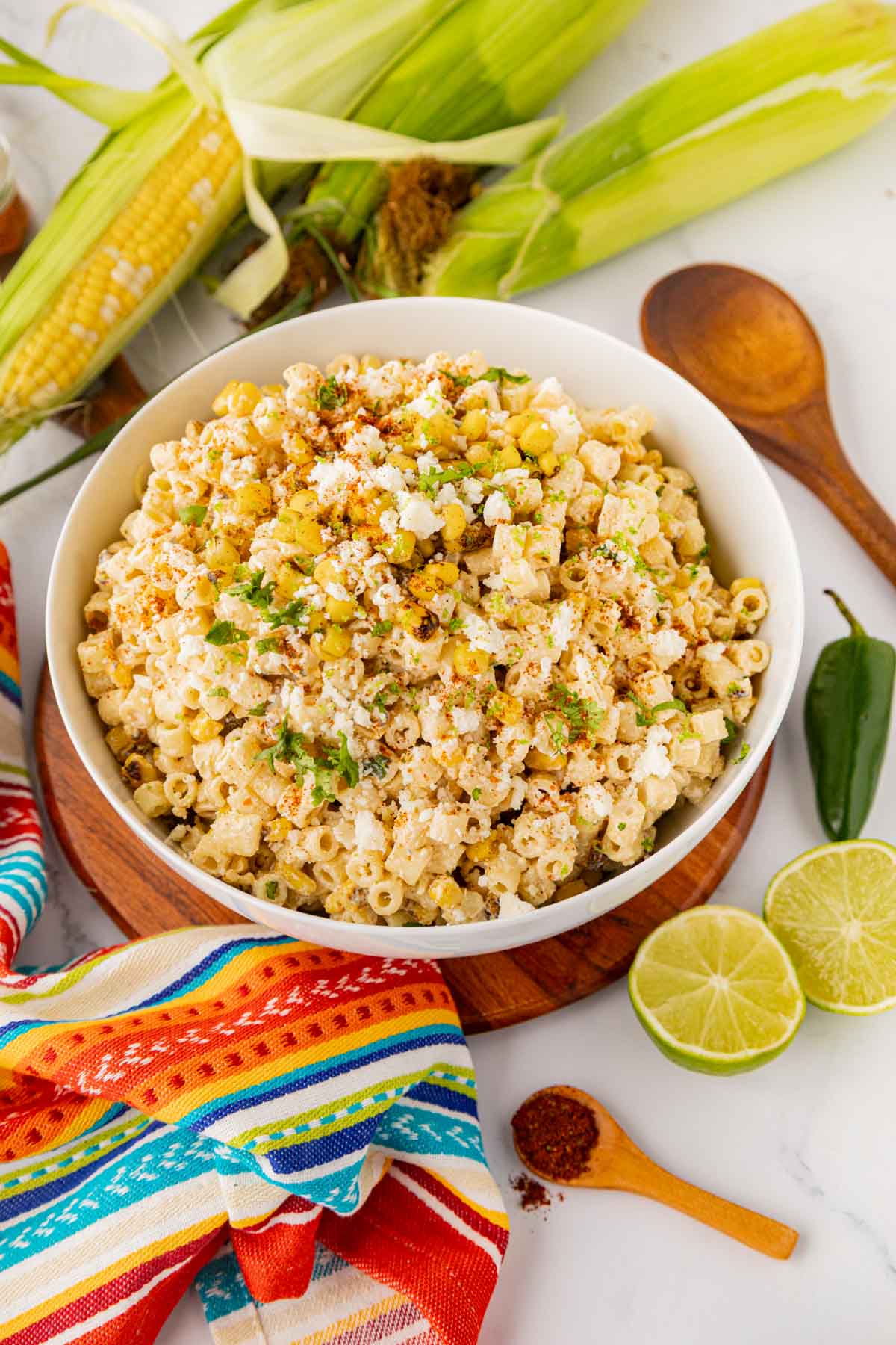 Street Corn pasta salad in a white bowl.