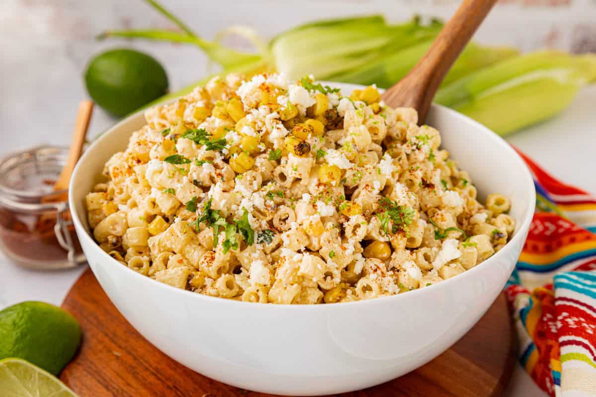Street corn pasta salad in a serving bowl.