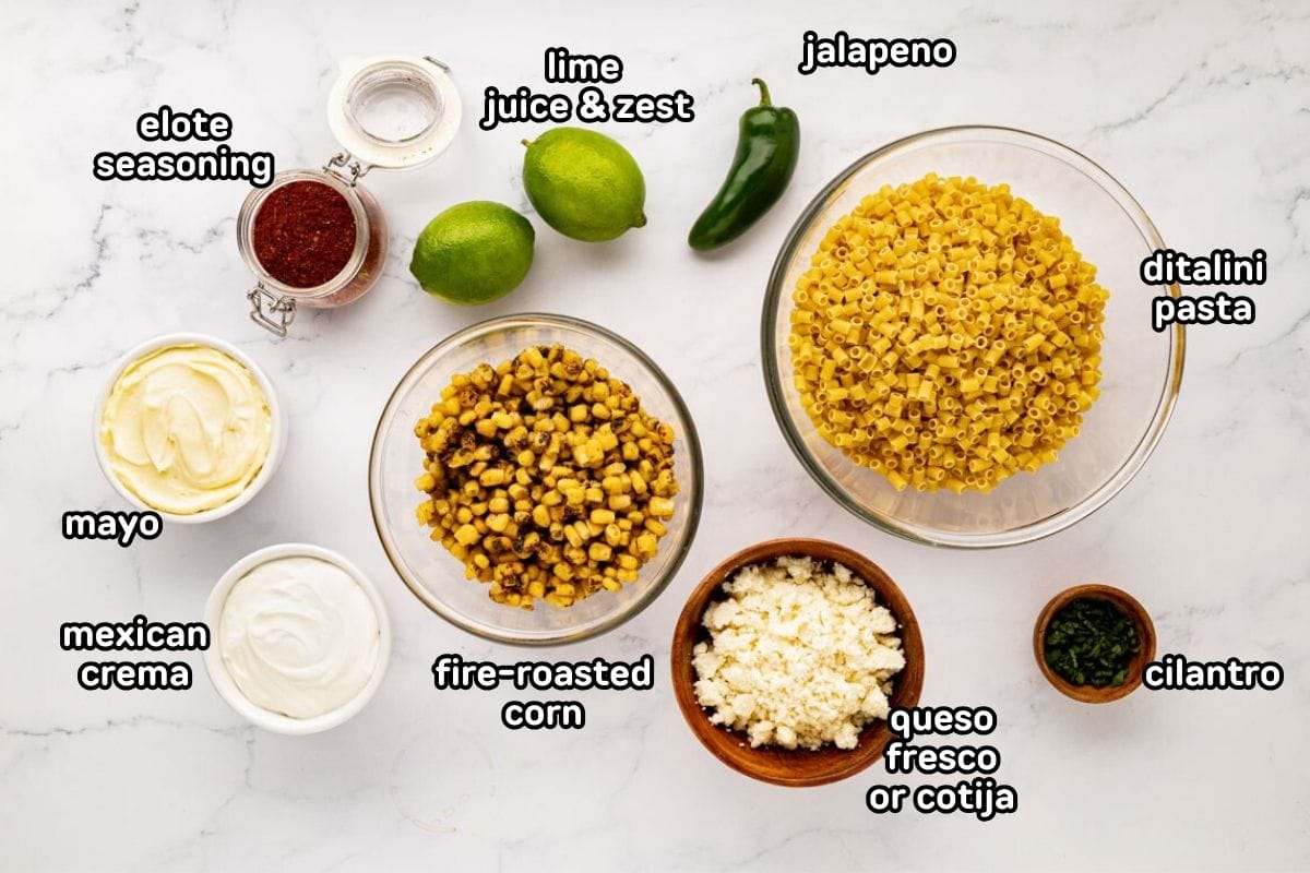 A labeled image of ingredients needed to make Mexican straight, corn pasta salad.